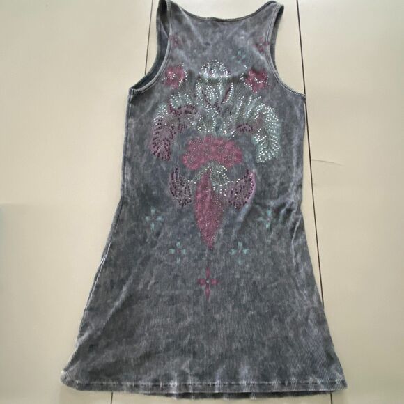 Distressed/Washed Gray Rhinestone Fleur De Lis Grunge Tank Top, Sz S - Picture 2 of 11